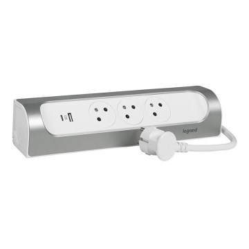 Legrand 049406 - Rallonge 3Z Type E + USB-A + USB-C 1m argent/blanc