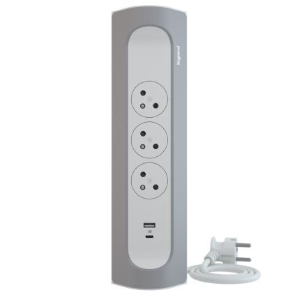 Legrand 049406 - Rallonge 3Z Type E + USB-A + USB-C 1m argent/blanc
