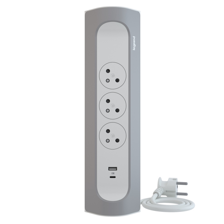Legrand 049406 - Rallonge 3Z Type E + USB-A + USB-C 1m argent/blanc