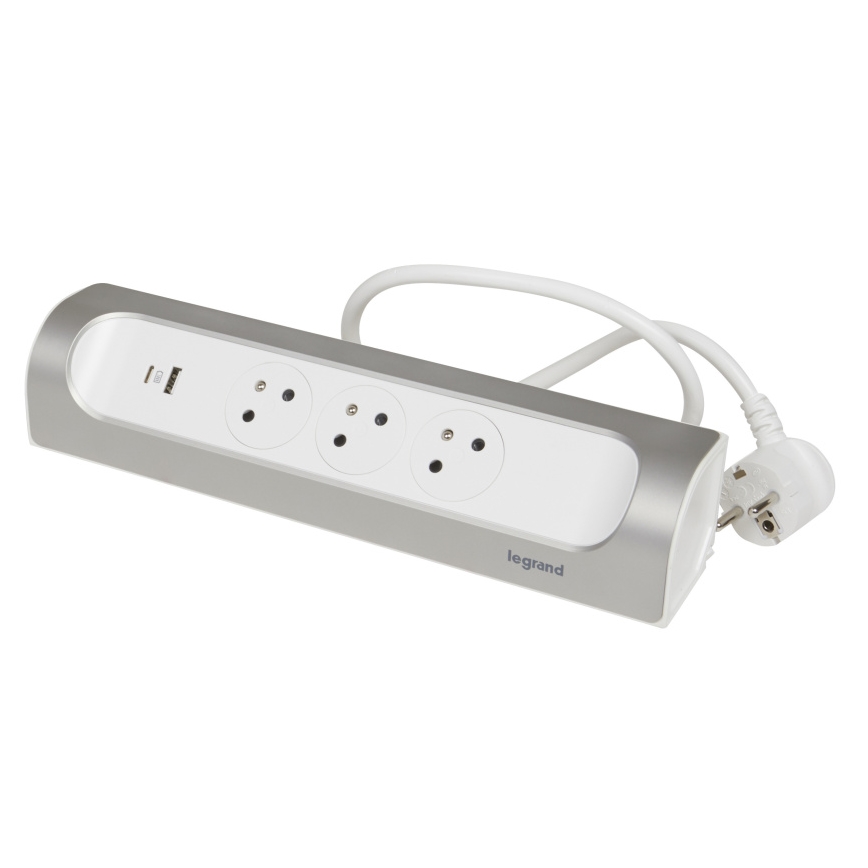Legrand 049406 - Rallonge 3Z Type E + USB-A + USB-C 1m argent/blanc