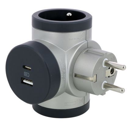 Legrand 049439 - Steckdosenverteiler rotierend 2Z Typ E, F + USB-A + USB-C silbern/schwarz