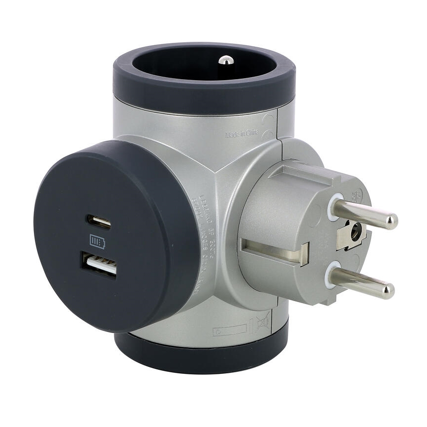 Legrand 049439 - Steckdosenverteiler rotierend 2Z Typ E, F + USB-A + USB-C silbern/schwarz