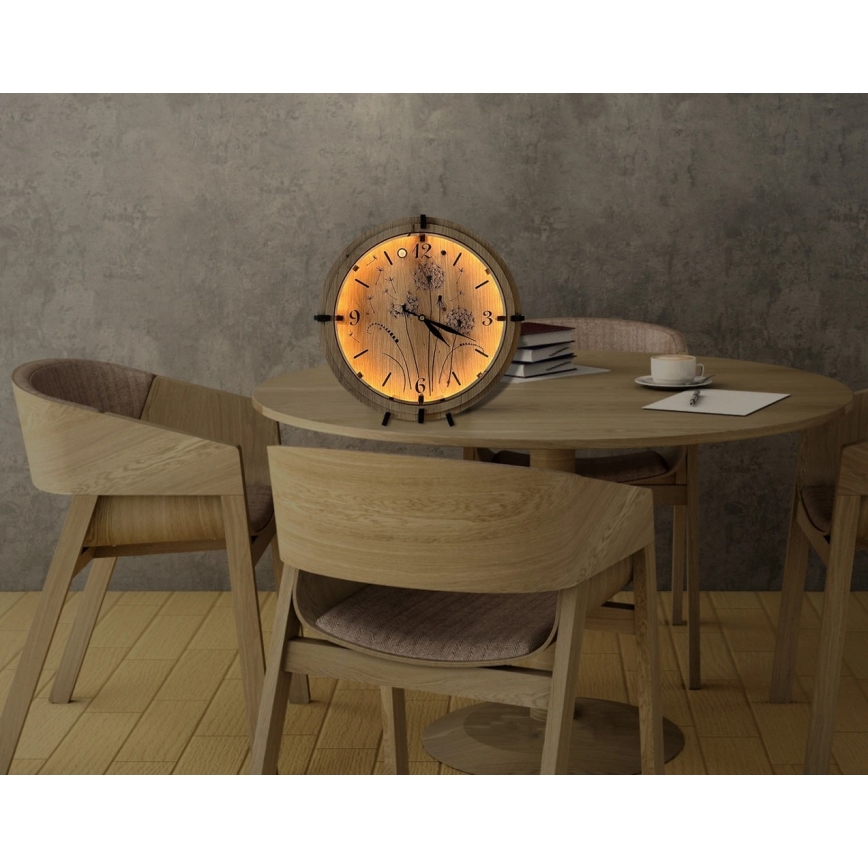 Li-Go 23688/DUB2 - Orologio LED dimmerabile con sensore di movimento LED/5V 20000 mAh + 1xAA Ø 32 cm Rovere/Dente di leone
