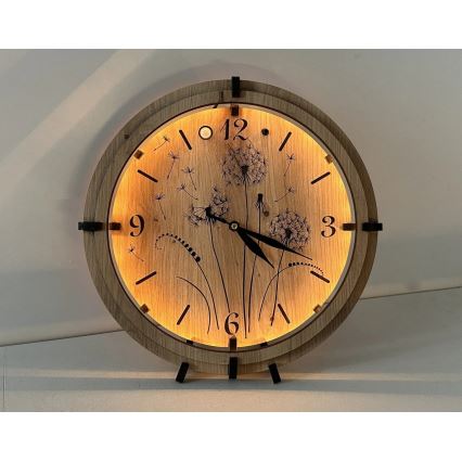 Li-Go 23688/DUB2 - Orologio LED dimmerabile con sensore di movimento LED/5V 20000 mAh + 1xAA Ø 32 cm Rovere/Dente di leone