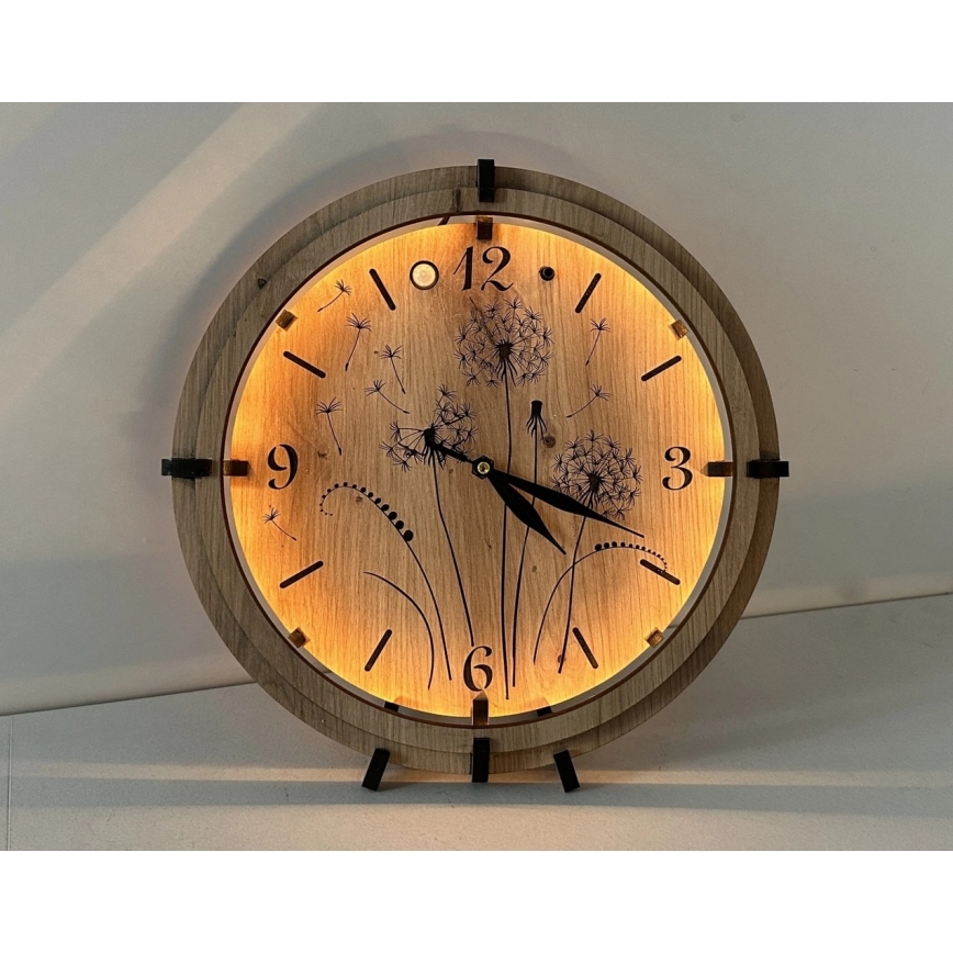 Li-Go 23688/DUB2 - Orologio LED dimmerabile con sensore di movimento LED/5V 20000 mAh + 1xAA Ø 32 cm Rovere/Dente di leone