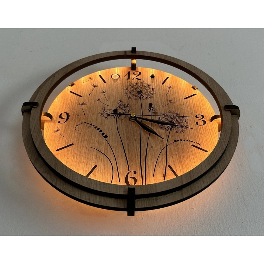 Li-Go 23688/DUB2 - Orologio LED dimmerabile con sensore di movimento LED/5V 20000 mAh + 1xAA Ø 32 cm Rovere/Dente di leone