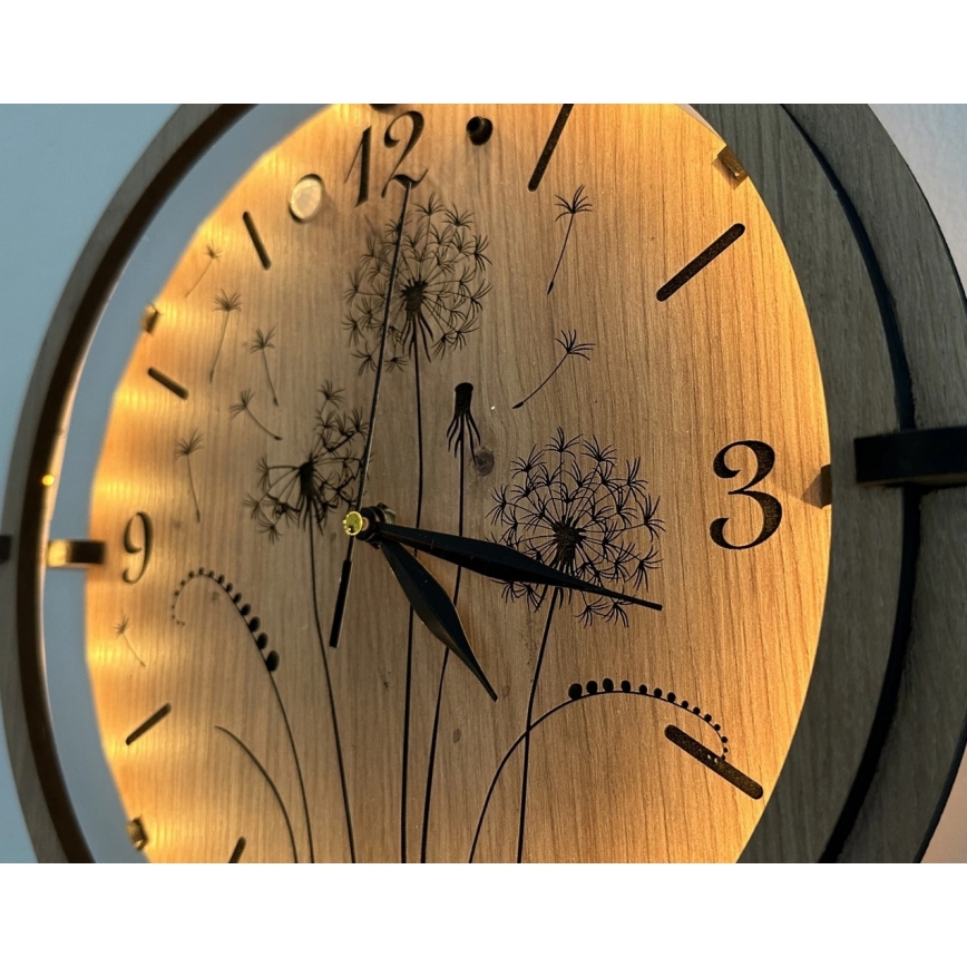 Li-Go 23688/DUB2 - Orologio LED dimmerabile con sensore di movimento LED/5V 20000 mAh + 1xAA Ø 32 cm Rovere/Dente di leone