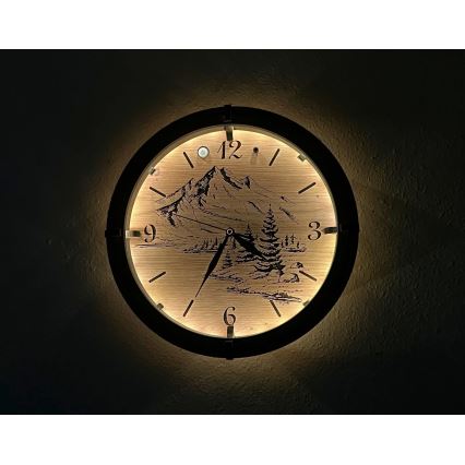 Li-Go 23697/DUB/BAT2 - Horloge LED à intensité réglable avec capteur de mouvement LED/10W/5V 20000 mAh + 1xAA Ø 32 cm chêne/Montagnes