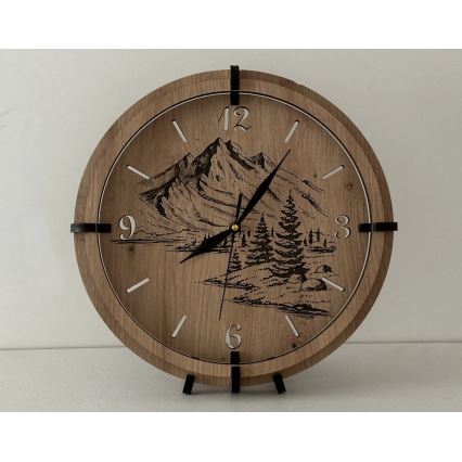 Li-Go 23697/DUB/BAT2 - Horloge LED à intensité réglable avec capteur de mouvement LED/10W/5V 20000 mAh + 1xAA Ø 32 cm chêne/Montagnes