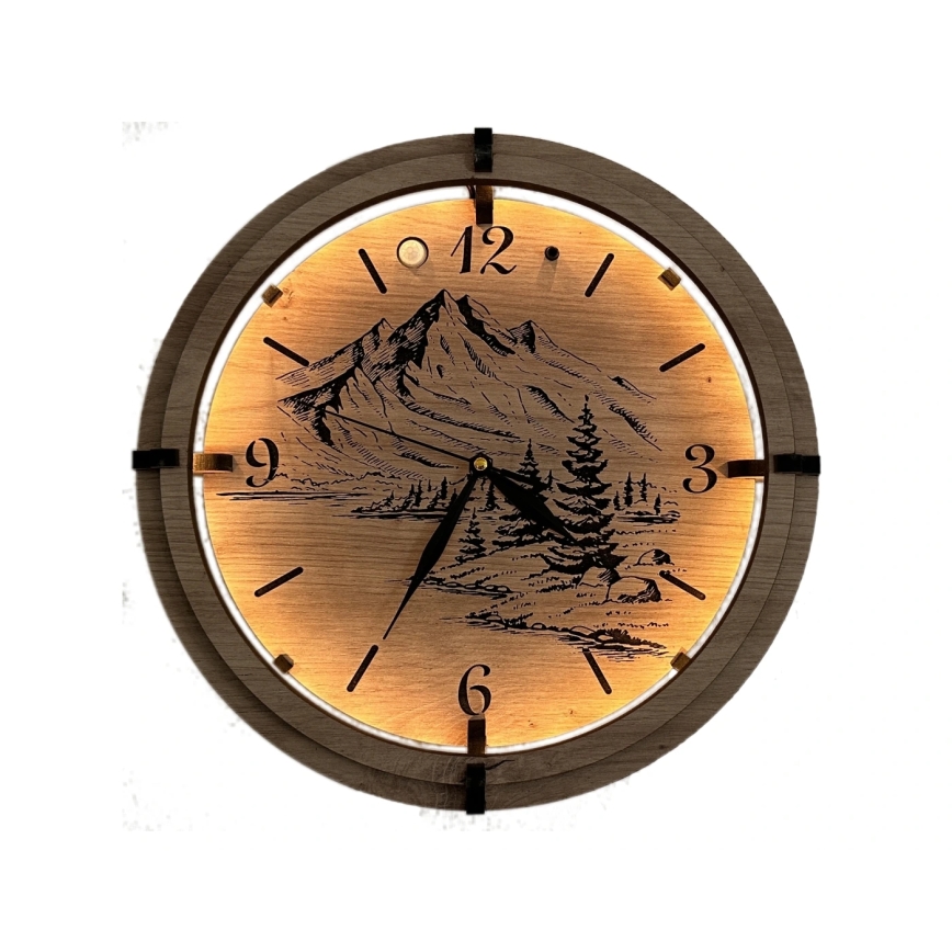 Li-Go 23697/DUB/BAT2 - Horloge LED à intensité réglable avec capteur de mouvement LED/10W/5V 20000 mAh + 1xAA Ø 32 cm chêne/Montagnes