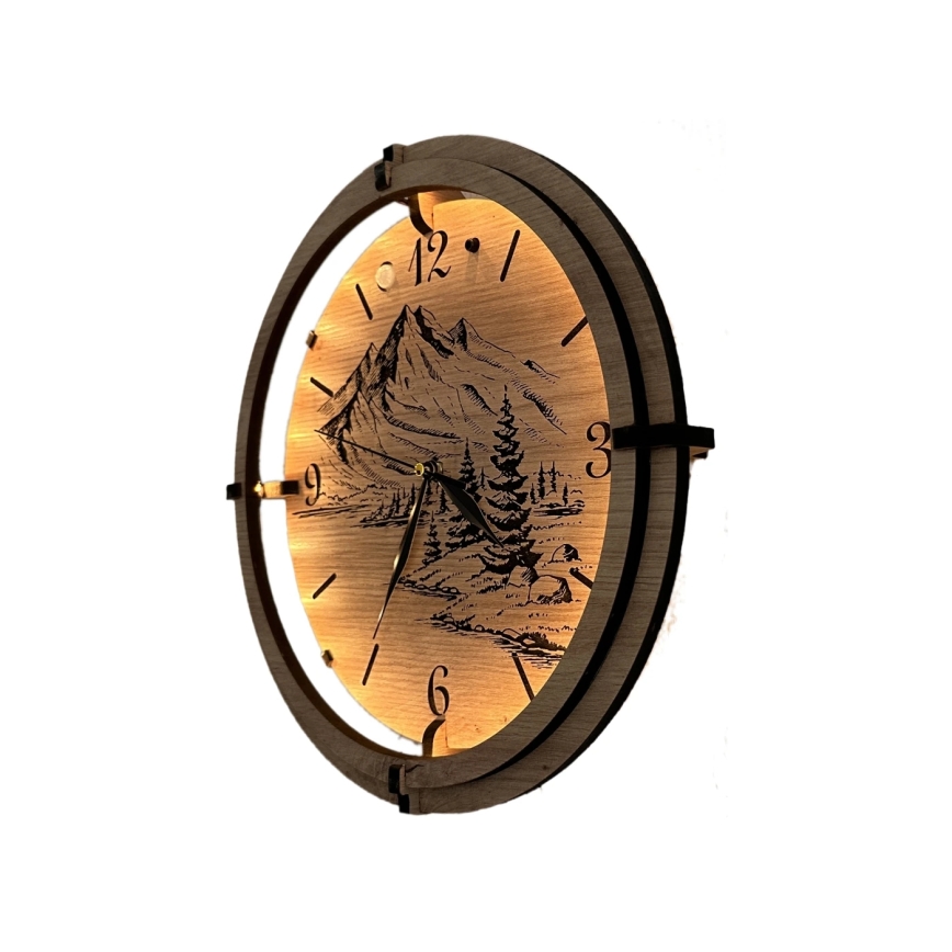 Li-Go 23697/DUB/BAT2 - Horloge LED à intensité réglable avec capteur de mouvement LED/10W/5V 20000 mAh + 1xAA Ø 32 cm chêne/Montagnes