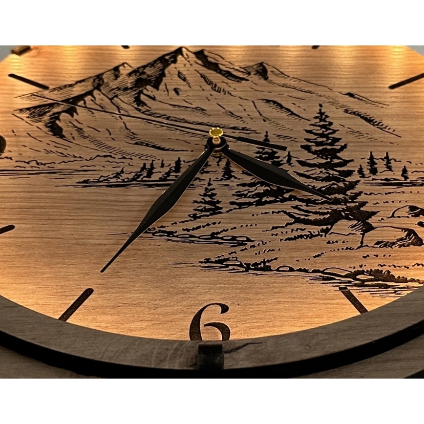 Li-Go 23697/DUB/BAT2 - Horloge LED à intensité réglable avec capteur de mouvement LED/10W/5V 20000 mAh + 1xAA Ø 32 cm chêne/Montagnes