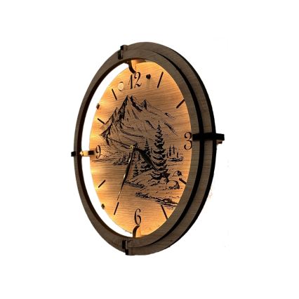 Li-Go 23697/DUB/BAT2 - LED-dimmbare Uhr mit Bewegungssensor, LED/10W/5V, 20000 mAh + 1x AA, Ø 32 cm, Eiche/Berge