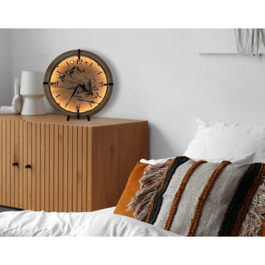 Li-Go 23697/DUB/BAT2 - Orologio LED dimmerabile con sensore di movimento LED/10W/5V 20000 mAh + 1xAA Ø 32 cm rovere/Montagne