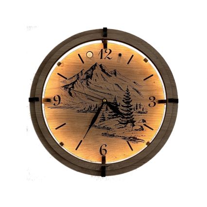 Li-Go 23697/DUB/BAT2 - Orologio LED dimmerabile con sensore di movimento LED/10W/5V 20000 mAh + 1xAA Ø 32 cm rovere/Montagne