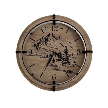 Li-Go 23697/DUB/BAT2 - Orologio LED dimmerabile con sensore di movimento LED/10W/5V 20000 mAh + 1xAA Ø 32 cm rovere/Montagne