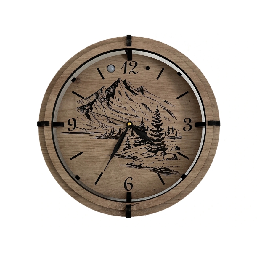 Li-Go 23697/DUB/BAT2 - Orologio LED dimmerabile con sensore di movimento LED/10W/5V 20000 mAh + 1xAA Ø 32 cm rovere/Montagne