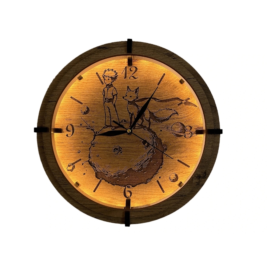 Li-Go 23712/DUB/BAT2 - Horloge LED à intensité réglable avec capteur de mouvement LED/10W/5V 20000 mAh + 1xAA Ø 32 cm chêne/Le Petit Prince