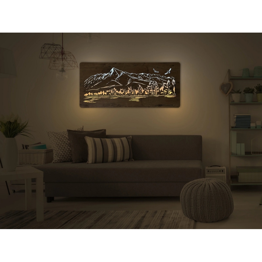 Li-Go 5589/A/DUB2 - Decorazione da parete dimmerabile a LED/10W/5V 30000 mAh 110x50 cm rovere/Montagne con uccelli