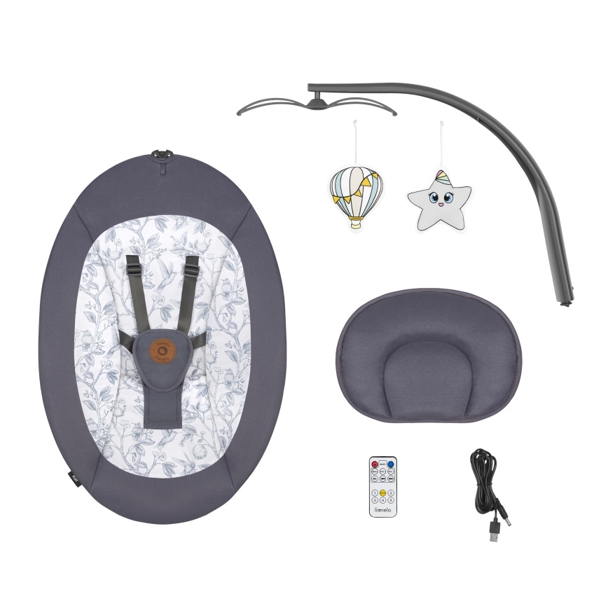 Lionelo - Altalena per bambini RALF con melodia, 4xAA, Grigio/Bianco + telecomando