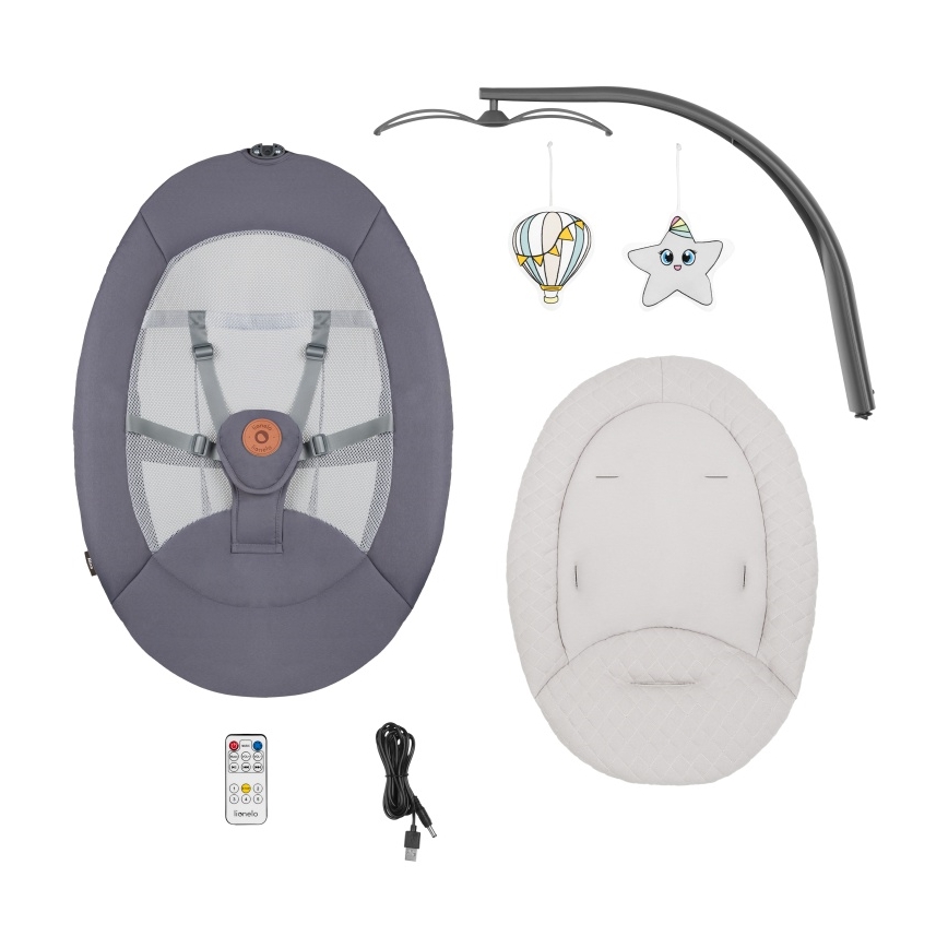 Lionelo - Altalena per bambini RINA con melodia, 4xAA, grigio cemento + telecomando