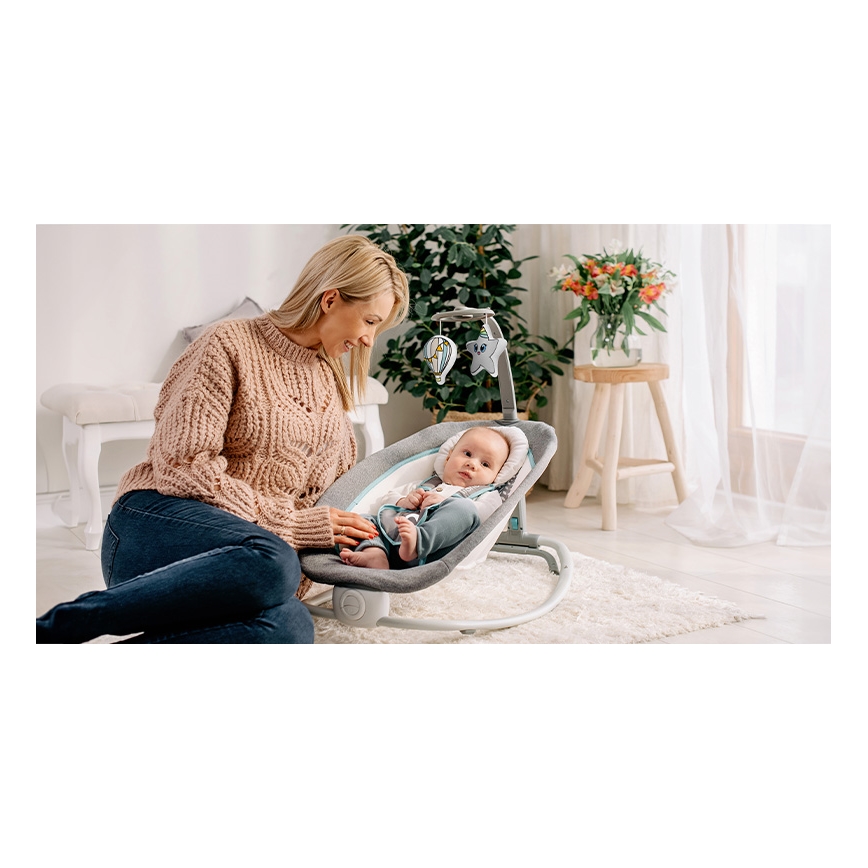 Lionelo - Baby-Wippe mit Vibrationsfunktion und Melodie PASCAL 2×AA grau/türkis