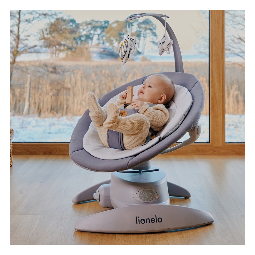 Lionelo - Babywippe MELL mit Melodie, Grey Stone, 4x AA + Fernbedienung