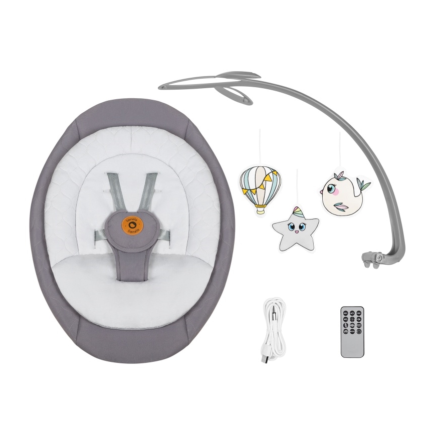 Lionelo - Babywippe MELL mit Melodie, Grey Stone, 4x AA + Fernbedienung