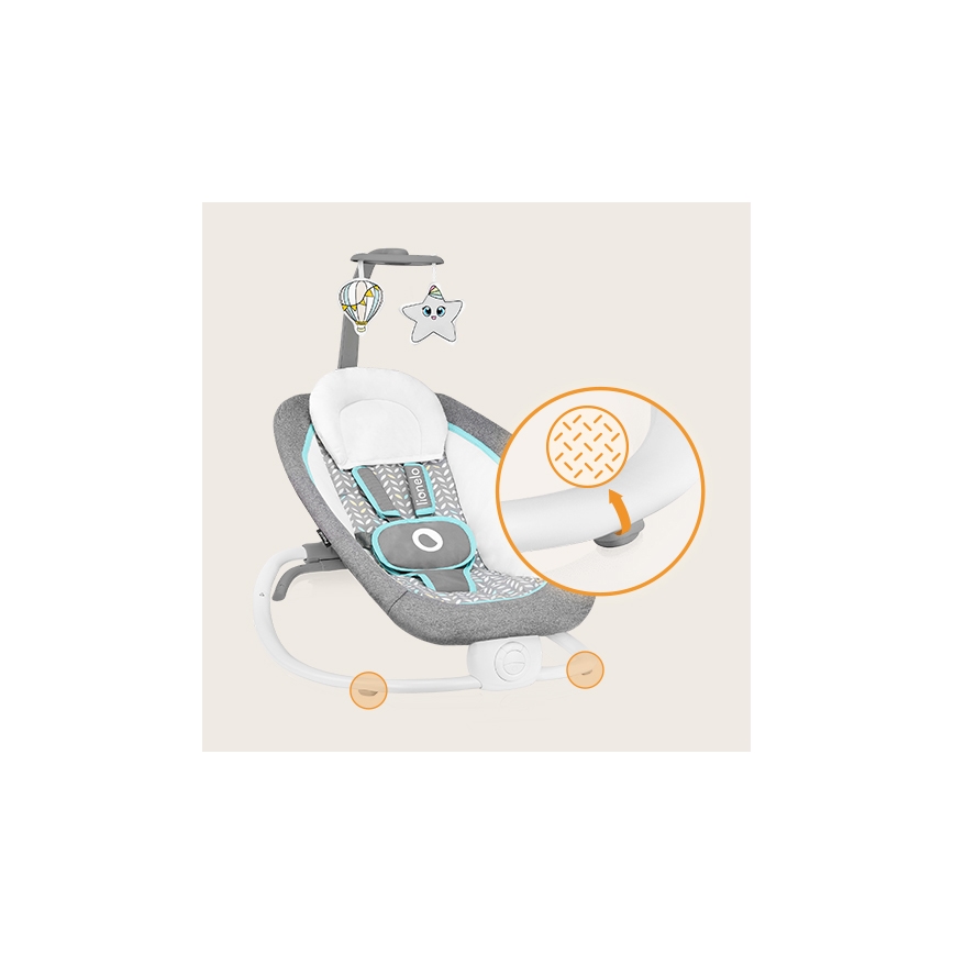 Lionelo - Balancelle vibrante pour bébé avec mélodie PASCAL 2xAA gris/turquoise