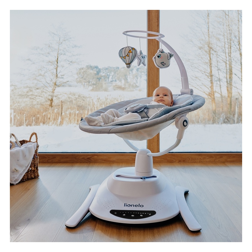 Lionelo - Dondolo per bambini BELLA con melodia, Grigio Cemento + telecomando
