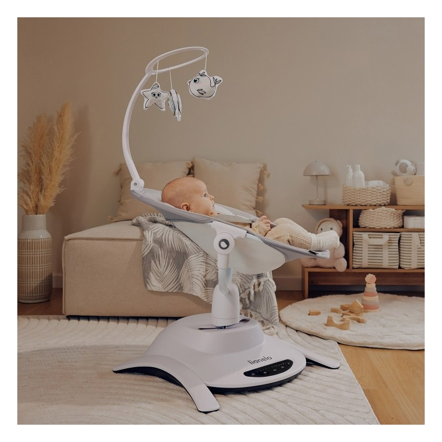 Lionelo - Dondolo per bambini BELLA con melodia, Grigio Cemento + telecomando
