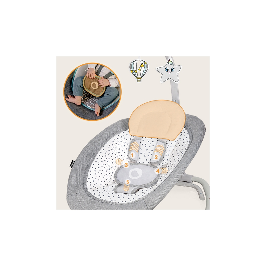 Lionelo - Dondolo vibrante per bambini con melodia PASCAL, 2xAA, grigio