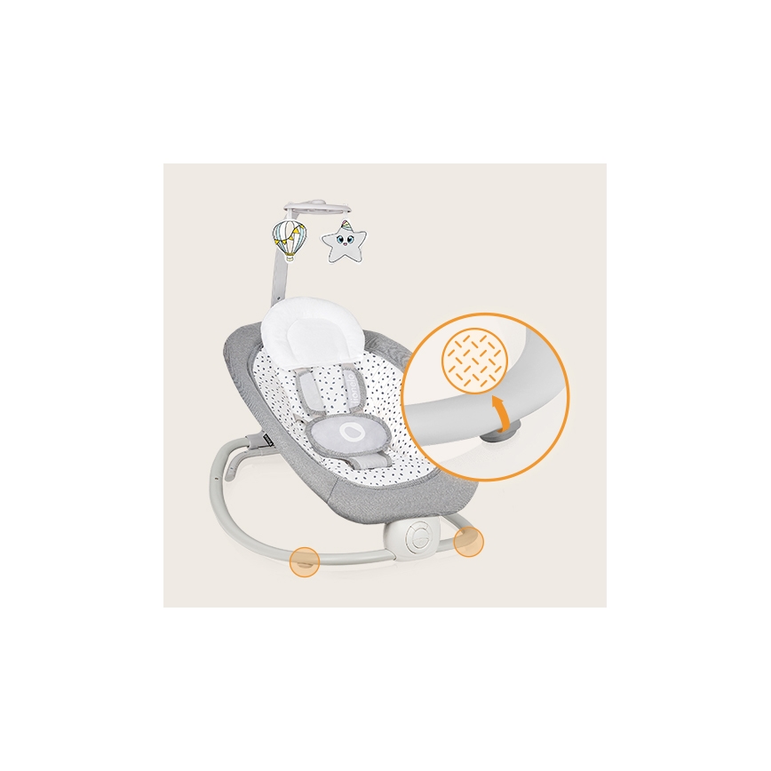 Lionelo - Transat vibrant pour bébé avec mélodie PASCAL 2xAA gris
