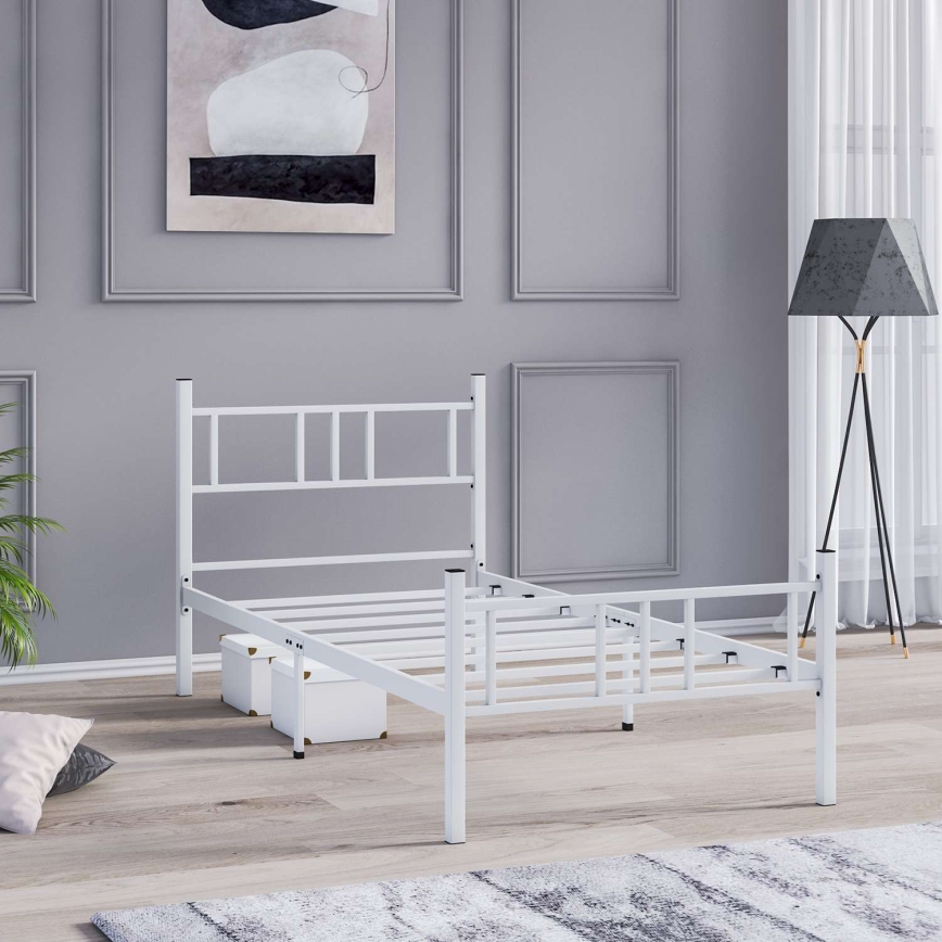 Lit simple en métal PIRON 90 x 200 cm, blanc — charge maximale 120 kg