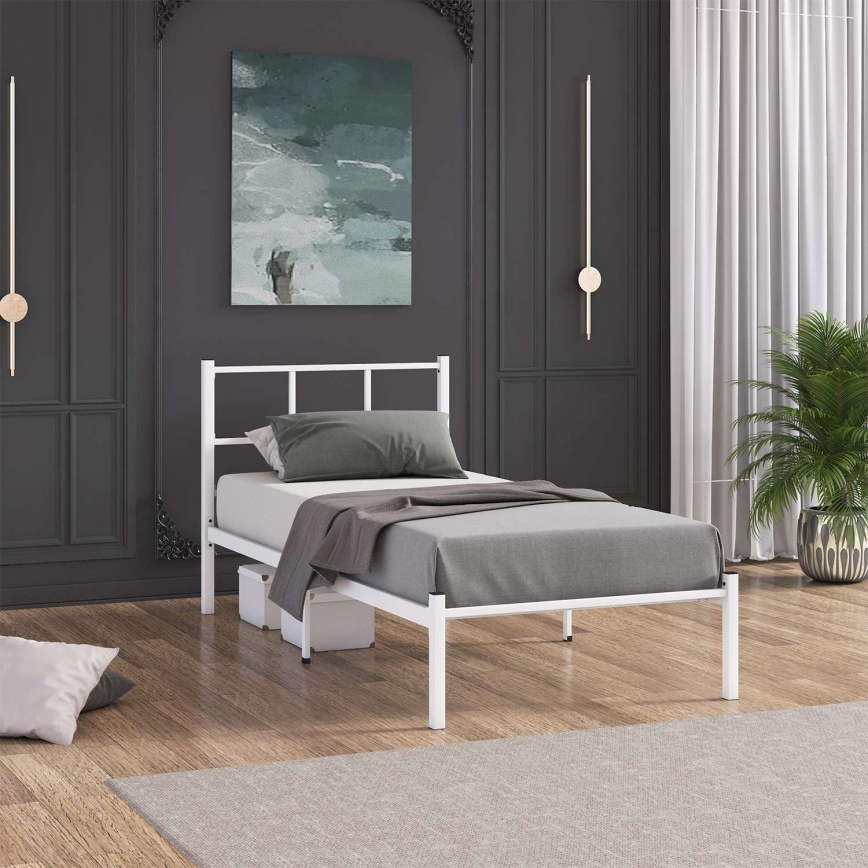 Lit simple en métal ROVAN 90x200 cm, blanc — capacité de charge 120 kg