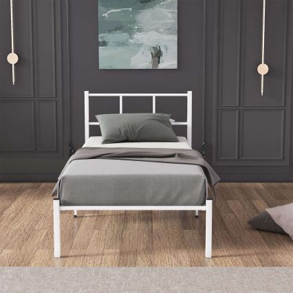 Lit simple en métal ROVAN 90x200 cm, blanc — capacité de charge 120 kg