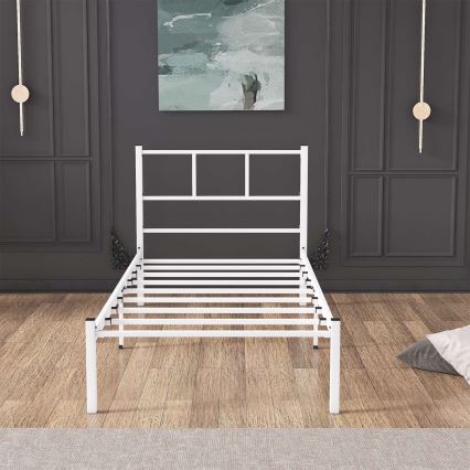 Lit simple en métal ROVAN 90x200 cm, blanc — capacité de charge 120 kg