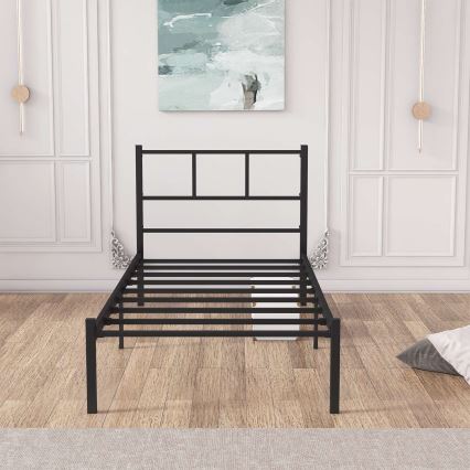 Lit simple métallique ROVAN 90x200 cm, noir, capacité de charge 120 kg