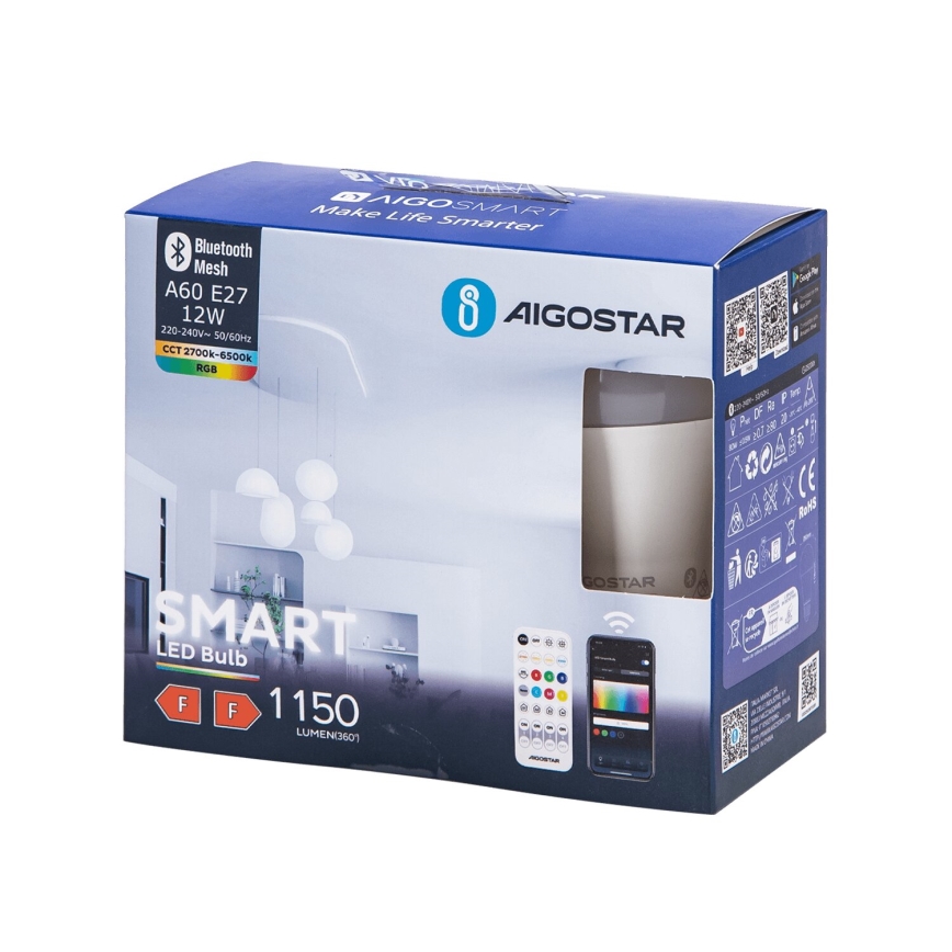 LOT 2x Ampoule à intensité variable LED RGBW MESH Connecté A60 E27/12W/230V 2700-6500K + Télécommande - Aigostar