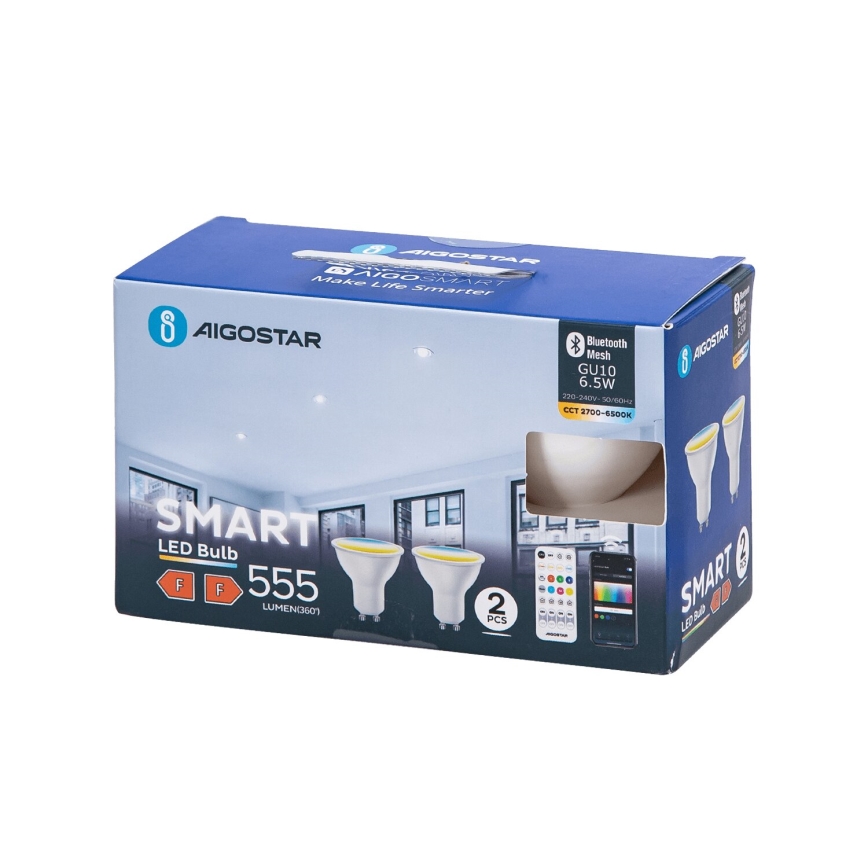 LOT 2x Ampoule à intensité variable LED MESH Smart GU10/6,5W/230V 2700-6500K + Télécommande - Aigostar