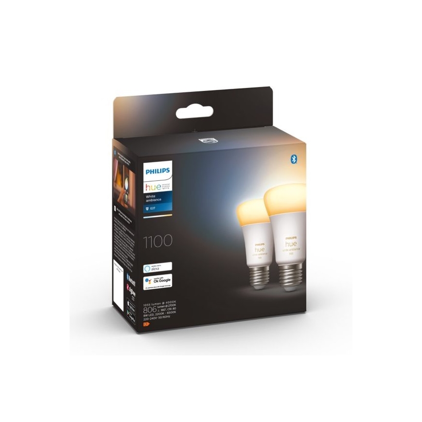 LOT 2x Ampoule LED à intensité variable Philips Hue WHITE AMBIANCE E27/8W/230V 2200-6500K
