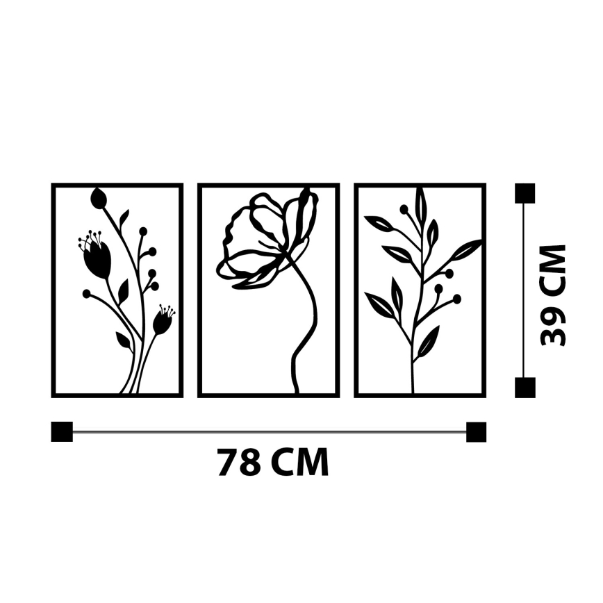 LOT 3x Décoration murale 78x39 cm fleurs métal
