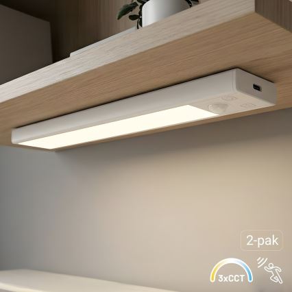 Lot de 2 éclairages LED rechargeables pour meubles avec détecteur de mouvement et capteur crépusculaire VIRO LED/1W/3,7V 800 mAh 3000/4000/6500K 20 cm blanc