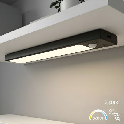 Lot de 2 éclairages LED rechargeables pour mobilier avec détecteur de mouvement et capteur crépusculaire VIRO LED/1W/3,7V 800 mAh 3000/4000/6500K 20 cm noir