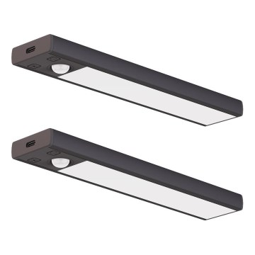 Lot de 2 éclairages LED rechargeables pour meubles avec détecteur de mouvement et capteur crépusculaire VIRO LED/1W/3,7V 800 mAh 3000/4000/6500K 20 cm noir