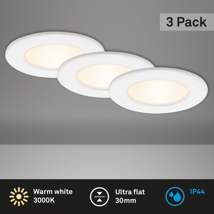 Lot de 3 spots encastrés LED pour salle de bains — 6W, 230V, 3000K, IP44, blanc