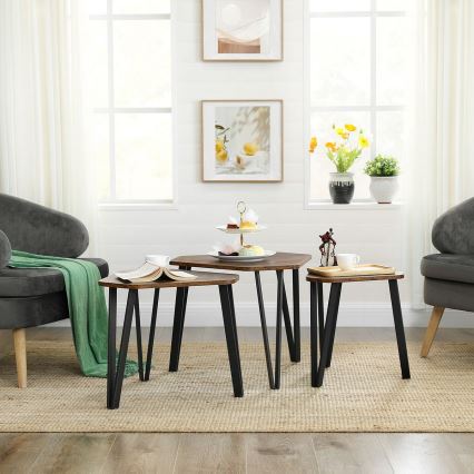 Lot de 3 tables d'appoint ELDUR, brun/noir
