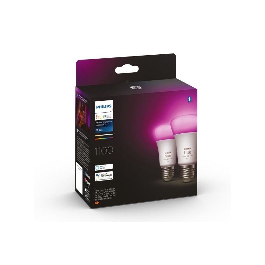 LOT - Ruban RGBW à intensité variable Philips Hue WHITE AND COLOR AMBIANCE 2m LED/20W/230V + 2x Ampoule à intensité variable LED Philips A60 E27/9W/230V 2000-6500K
