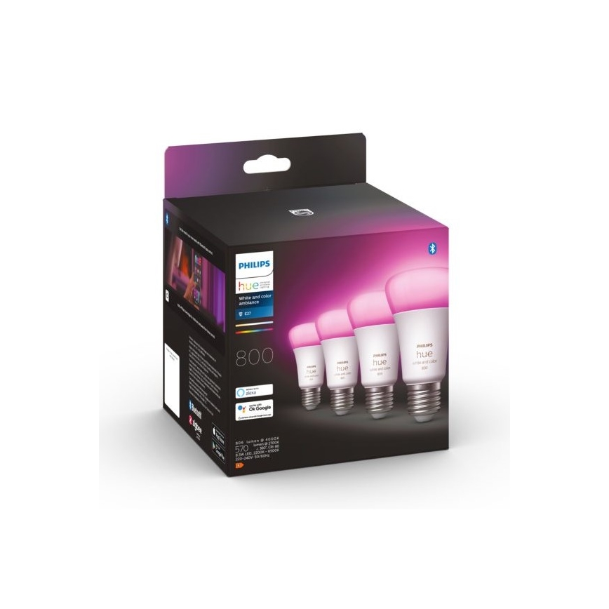 LOT - Ruban RGBW à intensité variable Philips Hue WHITE AND COLOR AMBIANCE 2m LED/20W/230V + 4x Ampoule à intensité variable Philips A60 E27/6,5W/230V 2000-6500K