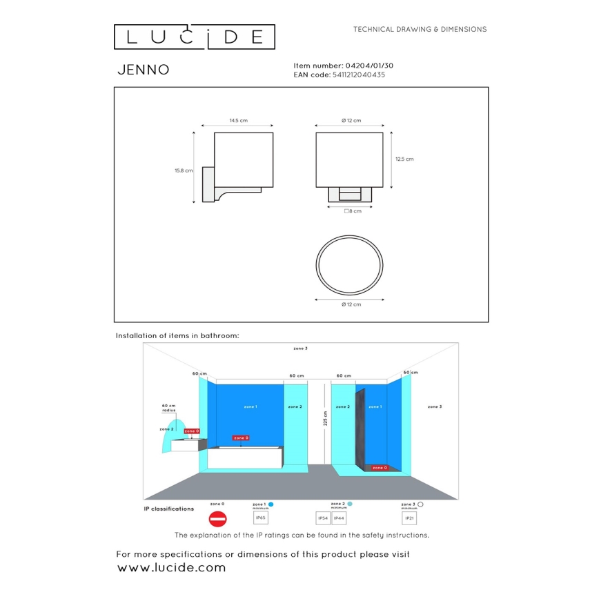 Lucide 04204/01/30 - Badezimmerwandleuchte JENNO 1xG9/33W/230V IP44